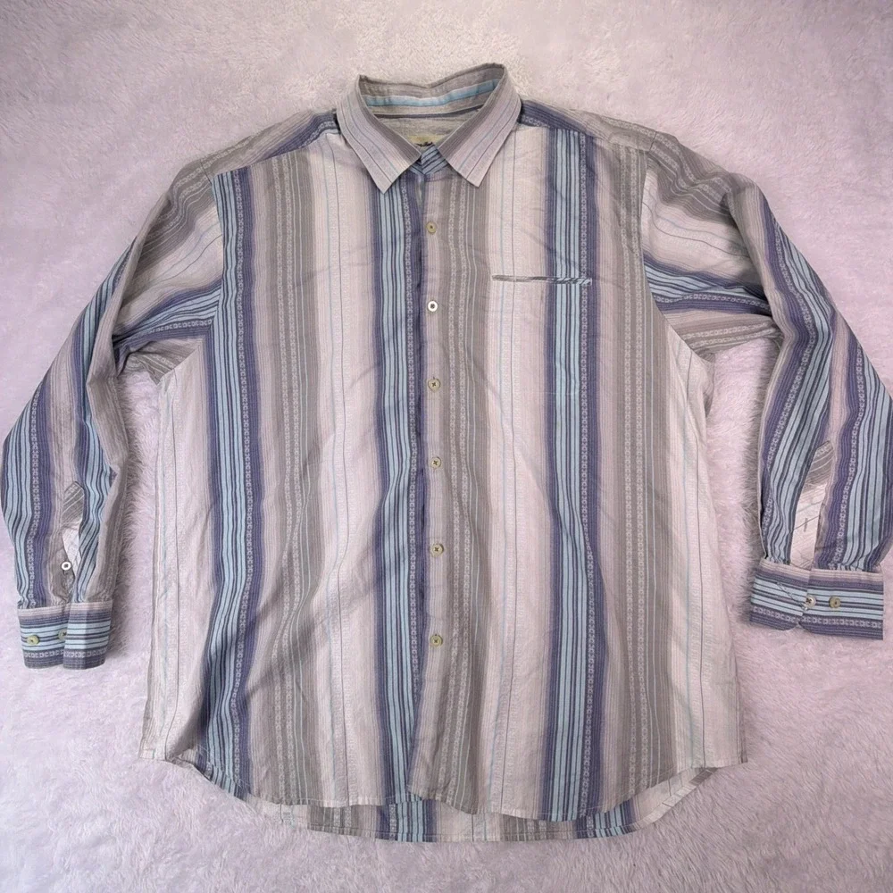 VTG Tommy Bahama‎ Cotton & Silk Long Sleeve Stripe ButtonUp Mens 2XLT Tall